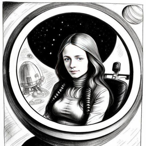 00210 1457369841 young beautiful woman sitting in a pilot chear of starship ci Fi sketch planet spaceship 60x style instruments pencil draw