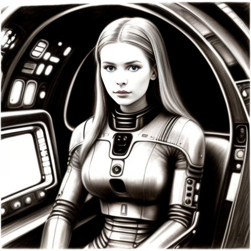 00215 2155110981 young beautiful woman sitting in a pilot chear of ci Fi starship sketch planet spaceship 60x style instruments pencil draw