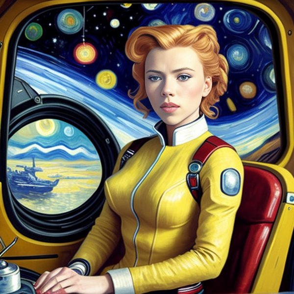 00241 1663742470 Scarlett Ingrid Johansson sitting in a pilot chear of ci Fi starship planet spaceship instruments oil painted painted by V