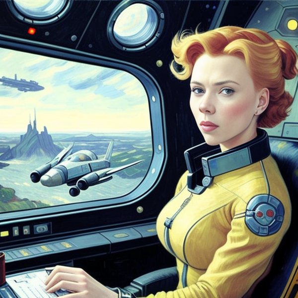 00242 3469890734 Scarlett Ingrid Johansson sitting in a pilot chear of ci Fi starship planet spaceship instruments oil painted painted by V
