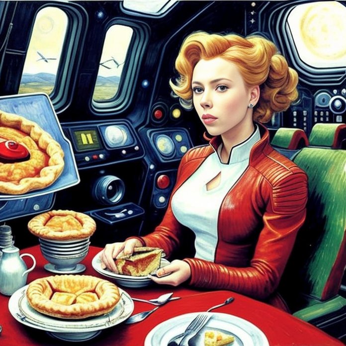 00306 1414827989 Scarlett Ingrid Johansson sitting in a pilot chear of ci Fi starship and eating a pie planet spaceship instruments oil paint