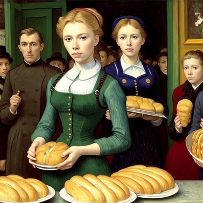 00307 2692867309 Scarlett Ingrid Johansson standing in a queue for the bread in Sovien Union oil painting painted by Vincent Willem van Gogh
