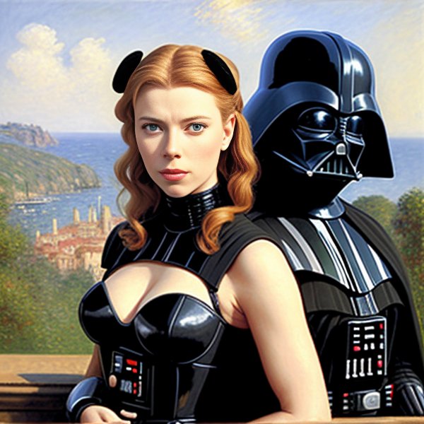 00406 1324263251 Darth Vader with Scarlett Ingrid Johansson poses for artist in Italy oil painted painting by Oscar Claude Monet